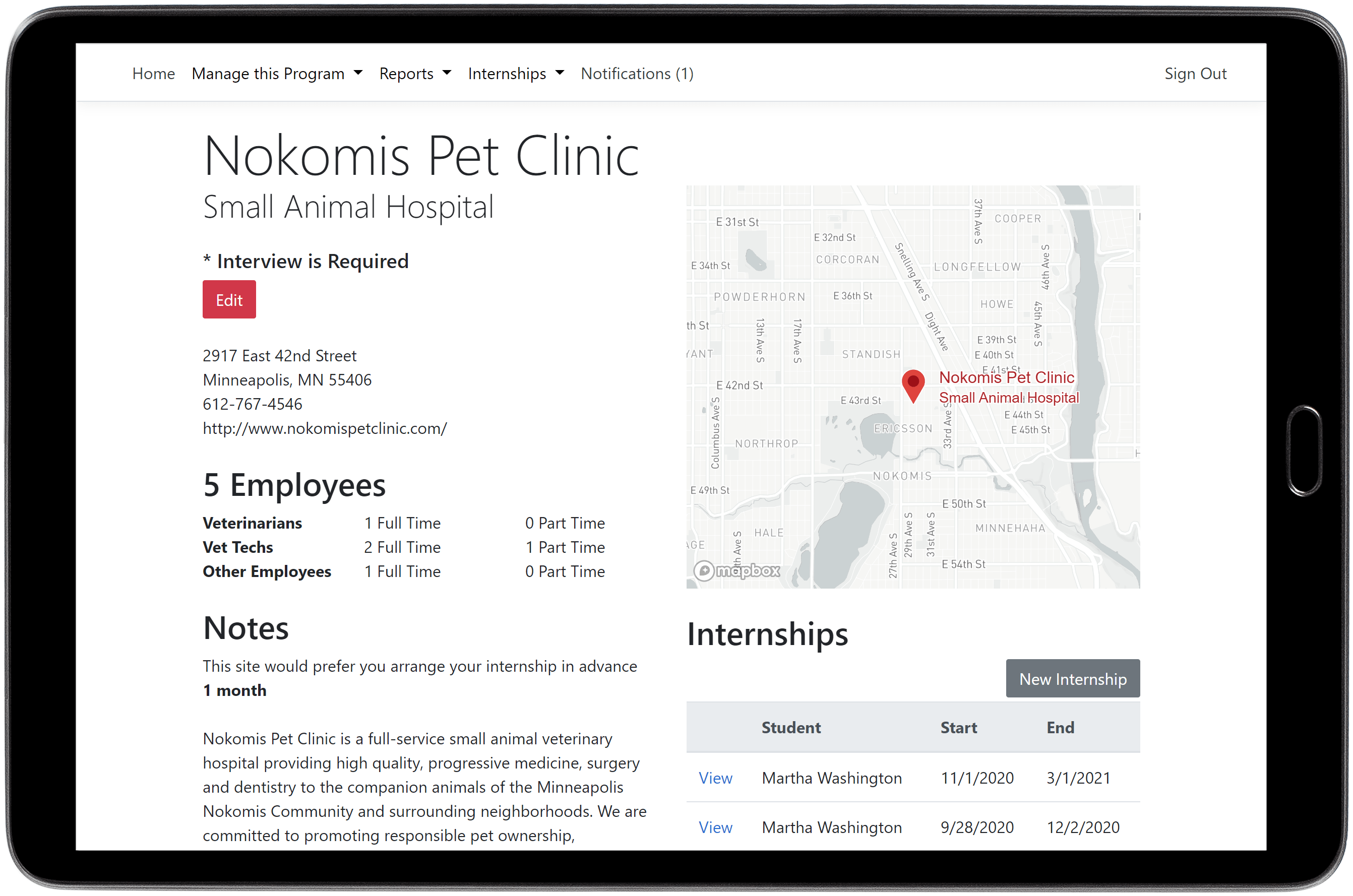 screen shot showing a profile page for an internship site