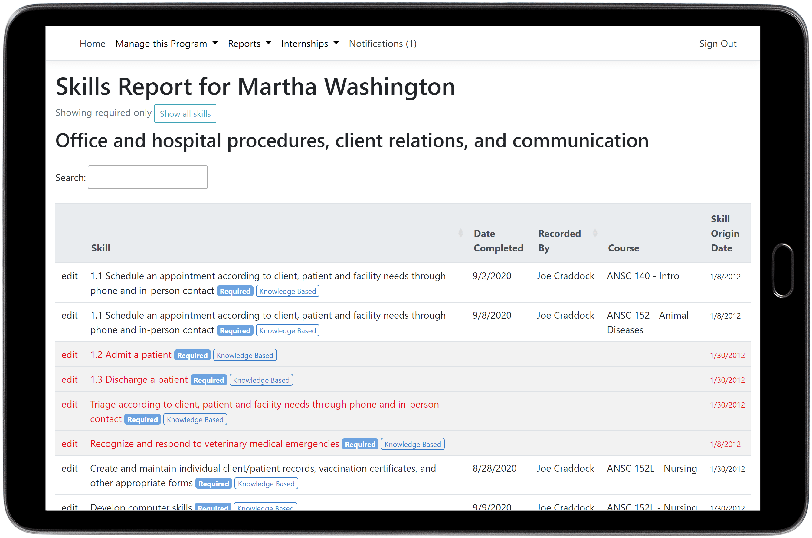 screen shot showing a report of a student's checked off skills