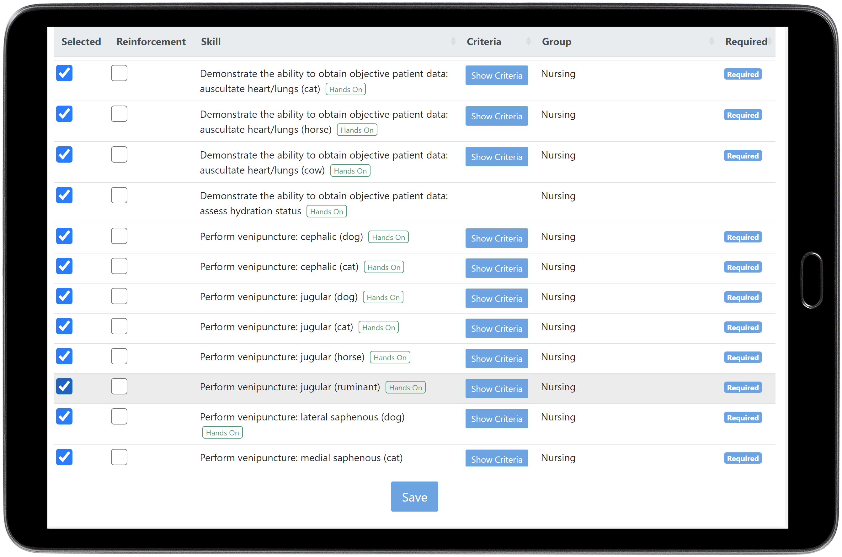 screen shot showing a list of skills